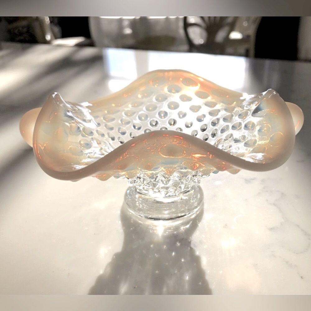 Fenton Hobnail white Opalescent Ruffle edge Small Handles Vintage Glass dish